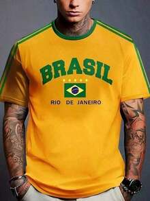 Men's Brazil Football T-Shirt, Short Sleeve, Timi Casual Summer T-Shirt - 黃色 - 查看 3