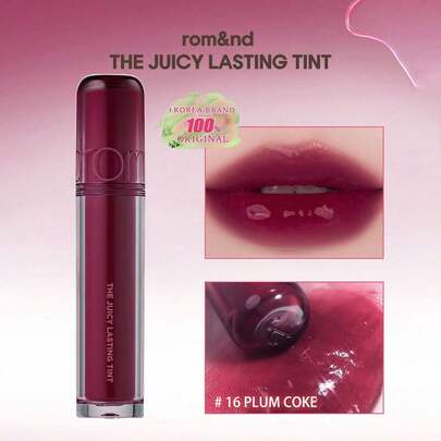 Rom&nd Romand Long-Lasting Juicy Lip Tint 16 Plum Color, Jelly Texture, Glossy & Luminous, Non-Sticky, Layerable, Lightweight & Long-Lasting, Angled Heart-Shaped Applicator, Pocket-Sized, Radiant Finish, 5-Second Office Makeup, Korean Cosmetics, 3.5g/0.12oz