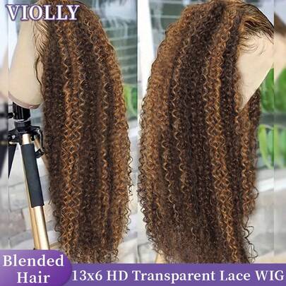 VIOLLY 34 Inch Natural Black Deep Wave Curly Wig, 200% High Density, 13x6 HD Transparent Lace Front Wig, Pre-Trimmed Human Hair, Ombre Brown To Golden Highlights, Wet Wave Hairstyle, Suitable For Women, Includes Baby Hair, Ideal For Cosplay And Gifts