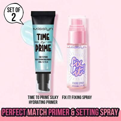 Misslyn 2pcs Set Matching Primer And Setting Spray, Silky Moisturizing Primer And Setting Spray Set, Gel-Textured Primer And Matte Setting Spray, High Hydration Cooling Formula, Suitable For Dry Skin, Long-Lasting Makeup, Lightweight And Breathable, Fresh And Refreshing.