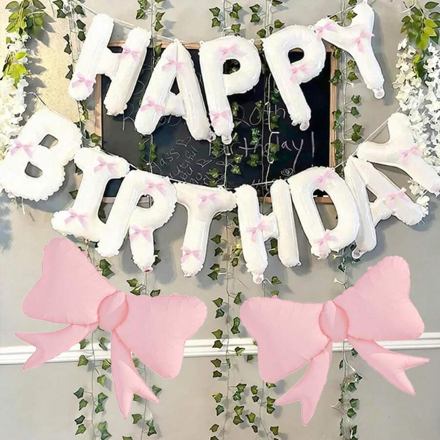 37 Stücke 16-Inch weißes Geburtstagsbanner mit rosa Schleifenförmigem Folie Ballon Set, geeignet für Geburtstagsdekoration - Übersicht 1