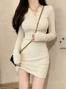 秋冬季女士针织修身连衣裙，优雅 - 杏色 - 查看 1