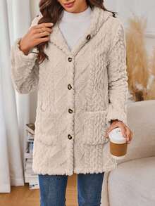 Hooded Mid-Length Coat, Button-Front Closure, Equipped With Practical Pockets For Small Daily Items, Provides Gentle Warmth For Daily Wear, Easy To Layer With Inner Garments, Ideal For Commutes And Casual Outings, Adds Comfort To Your Daily Looks, Suitable For The Transition From Autumn And Winter To Spring - Xám - Xem 2