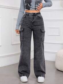 Jeans Rectos de Cargo de Lavado Desgastado de Color Gris Oscuro para Mujer, Pantalones Modernos y Casuales - Gris Oscuro - Ver 2