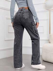 Jeans Rectos de Cargo de Lavado Desgastado de Color Gris Oscuro para Mujer, Pantalones Modernos y Casuales - Gris Oscuro - Ver 5