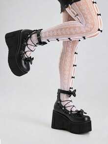 Gothic Women Mary Jane Pumps Bow Lace-Up Ankle Srtap Buckle Frilled Platform Wedge Heel Shoes Punk Y2K Cosplay Lolita Style Dress Party Shoes - 黑色 - 查看 6