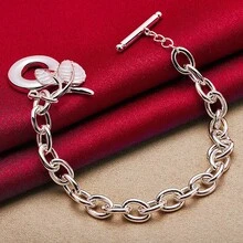 925纯银镀层树叶吊坠手链，粗链，男女皆宜，适合婚礼、订婚等场合，时尚饰品 - 銀色 - 查看 5