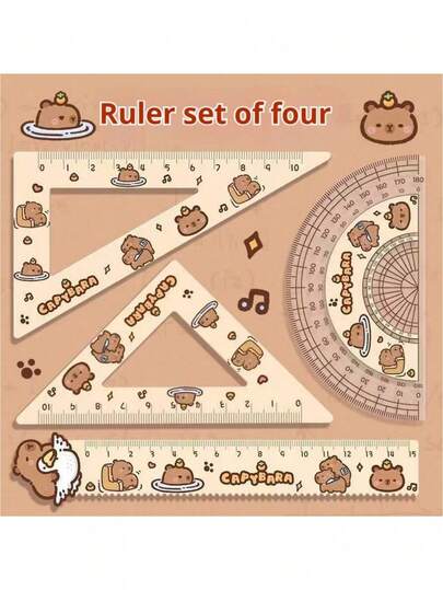 4pcs Acrylic Ruler Set With Capybara Pattern: High-Quality Protractor, Ruler And Compass - Ideal For School Or Office - Add Fun To Your Workspace!