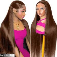 180% Density 13x4 Invisible HD Lace Front Human Blended Hair Wig Put Cut Put On And Go Straight Lace Closure Wigs Bye Bye Knots Glueless Pre Plucked Virgin Brazilian Human Blended Hair Long Wig With Baby Hair 8-36Inch Brown - Brown - View 4