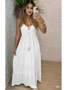 Women's Long Dress, Flowing Style, Thin Straps, V-Neck With Front Tie, Elastic Back - Fits Sizes 36 To 42. - Off - White - View 2