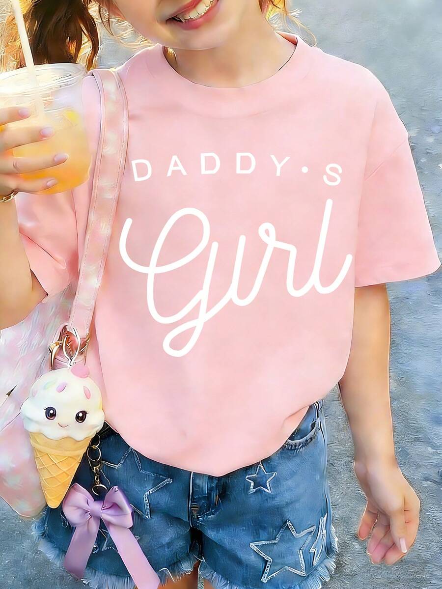 Tween Girl Casual Funny Print Crew Neck Short Sleeve T-Shirt, Summer Top - Pink - View 1