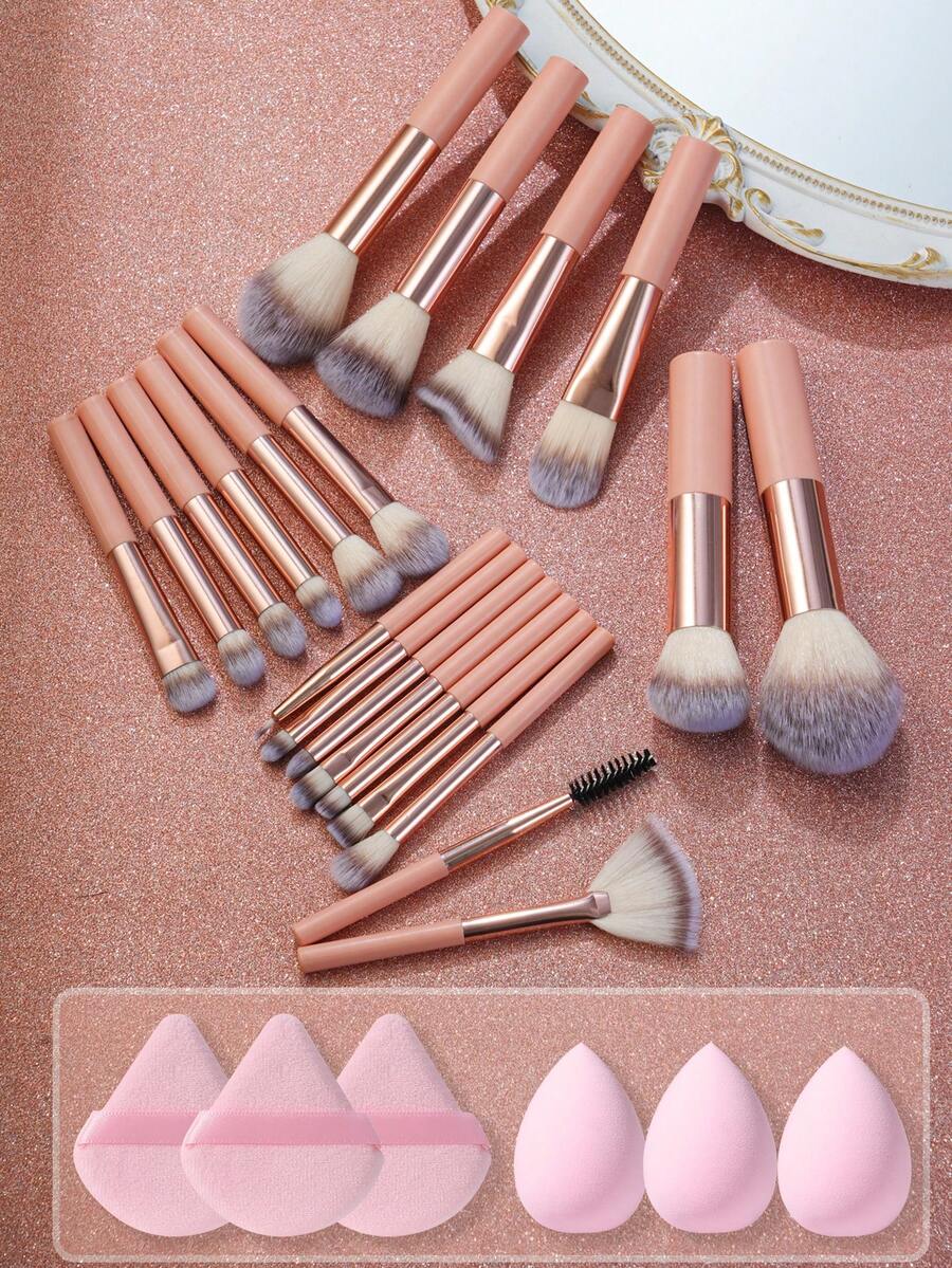 27pcs/1pc Complete Makeup Brush Set Includes 21 Soft Makeup Brushes-Such As A Translucent Powder Brush, Blush Brush, Contour Brush, Highlighter Brush, Foundation Brush, Nose Contour Brush, Eyeshadow Brush, Eyebrow Brush, Lip Brush, And Detail Brush-Plus 3 Liquid Beauty Eggs And 3 Triangular Powder Puffs. Ideal For Beginners, Professional Makeup Application, And Novice Beauty Practice. - Pink - View 1