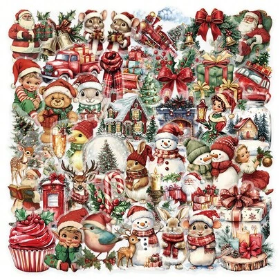 50 Piezas Paquete de Pegatinas Navideñas Vintage
