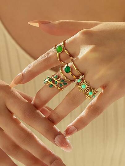 Set de 4 anillos ajustables de acero inoxidable con baño de oro, hojas multielemental, con resina verde y piedras preciosas, adecuado para decoración diaria de mujeres o como regalo