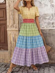 女士春夏格子拼接撞色休闲度假飘逸多层半身裙，带口袋 - 鵝黃色 - 查看 6