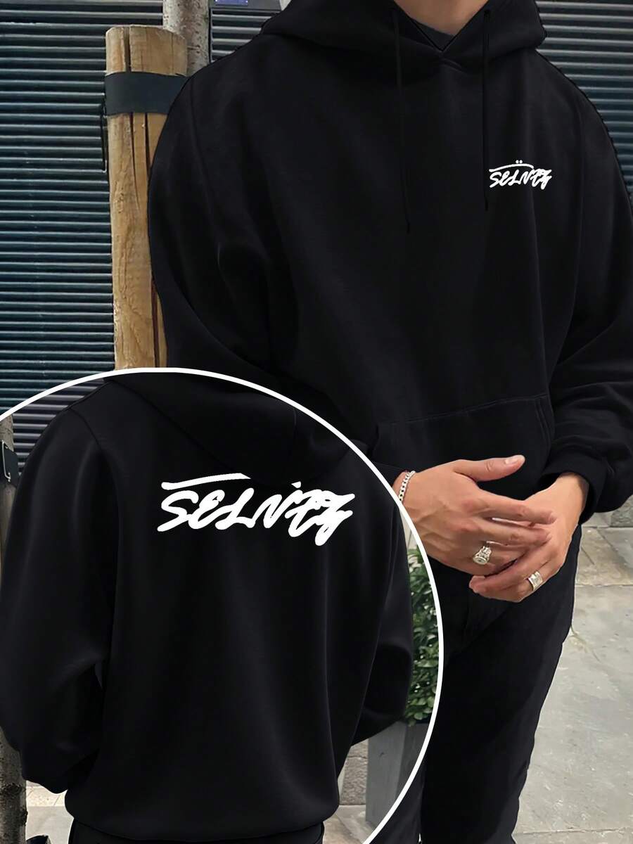Men'S  Hooded Sweatshirt With Letter Print |   Casual Daily Drawstring Hoodie With Kangaroo Pocket Soft Comfortable Autumn And Winter Loose Fit Essentials Hoodie Hoodie Women Sweatshirts Women Hoodies Men's Hoodie Sweatshirts Men Essentials Fear - màu đen - Xem 1