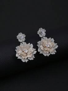 一对奢华珠宝风格铜质微镶嵌立方氧化锆花朵吊坠耳环，适合搭配晚礼服和派对服饰 - 垂墜式耳環 - 查看 6