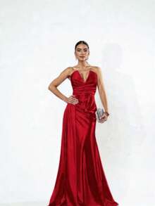 Strapless Dress With Slit For Graduation, Wedding Party, Bridesmaid - Red - View 2
