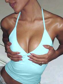 Minimalist Halter Top With V-Neck And Neck Tie - Summer - 淺藍色 - 查看 5