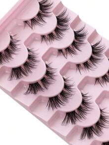 7 Pairs Fluffy Natural Cat Eye False Eyelashes, Transparent Band, Create Cat Eye Makeup Effect, Long & Thin, Soft & Natural Looking Fake Lashes, Strip Eyelashes - Black - View 6
