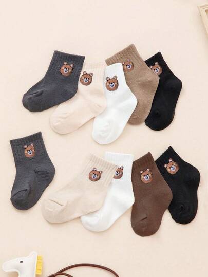 10 Pairs Baby Cute Bear Mid-Calf Socks, Minimalist Fashion Versatile Mid-Calf Socks, Comfortable Breathable Non-Binding Suitable For Newborns And Toddlers, Great Gift