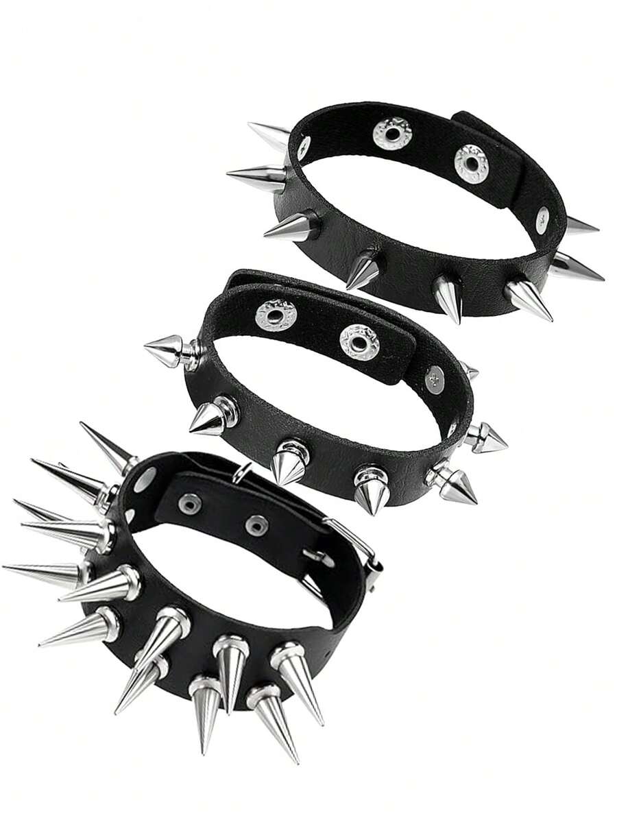 1/3pcs Punk Style Rivet Leather Bracelet Set, Unisex 80s Emo Goth Accessories - Black - View 1