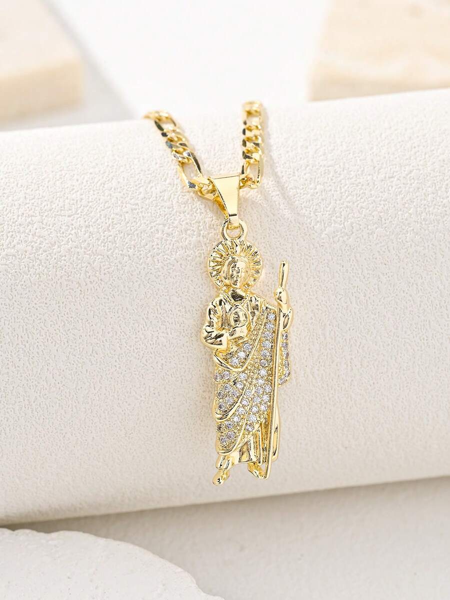 1pc Gold Figaro Chain Iced Out CZ St. Jude Thaddeus Pendant Necklace, Catholic Saint Religious Hip Hop Jewelry For Men & Women - Yellow Gold - View 1