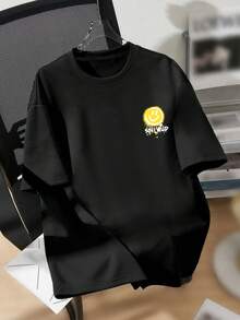 青少年男孩卡通笑脸印花圆领T恤 春夏Y2K风格男童休闲T恤 柔软上衣 - 黑色 - 查看 2