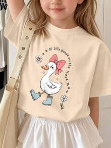 T-shirt à manches courtes pour filles avec imprimé canard de bande dessinée, convenant au printemps et à l'été, mettant en valeur la vitalité juvénile, mignon mais élégant - Nude - Voir 6