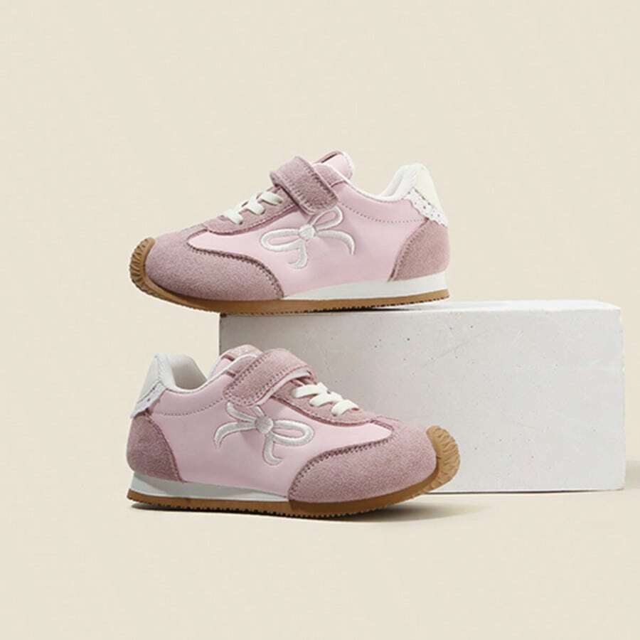 1 Pair Versatile Girls' Bow Decor Trainers, Breathable Spring/Autumn Little White Shoes, Children Hook And Loop Casual Sneakers - Baby Pink - View 1