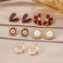 10件套女士时尚首饰套装，法式复古酒红色几何不对称仿珍珠心形耳钉套装，适合女士日常休闲佩戴，节日礼物 - 愛心 - 查看 4