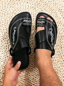 Men's Middle Eastern Arabic Style Basic Faux Leather Sandals, Black Casual Beach Slippers - Black - View 2