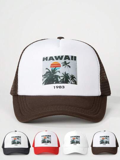 1pc Men's Printed HAWAII Plant Baseball Mesh Cap, Outdoor Fashion Letter Trucker Hat, Sun Protection Casual Mesh Cap For Spring/Autumn Travel, Beach Holiday