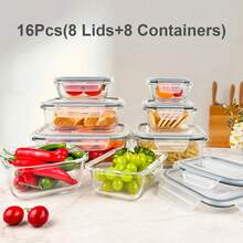 JIASLING 8pcs Lids 8pcs Containers Glass Food Storage Containers Set Lunch Box Leakproof Airtight Microwave & Oven Stackable Kitchen Organizers - 深灰色 - 查看 3