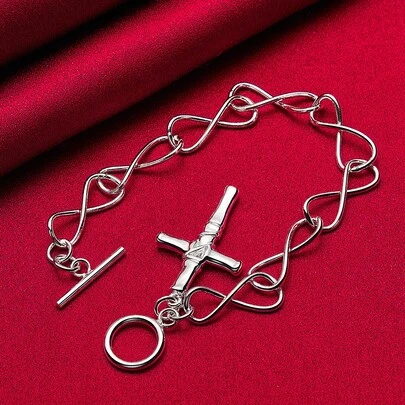 925 Sterling Silver Plated Cross Pendant Bracelet Chain For Woman Man Charm Wedding Engagement Party Fashion Jewelry