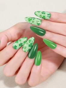 Bộ 22 miếng dán móng tay gel bóng màu xanh lá cây may mắn, chủ đề Thánh Patrick, thiết kế hình ngôi sao bốn lá màu xanh lá cây rực rỡ, bền lâu, không cần đèn UV, phù hợp cho phụ nữ và bé gái sử dụng hàng ngày, đi làm, đi chơi mùa xuân/hè, dự tiệc chủ đề Thánh Patrick, dụng cụ làm móng nghệ thuật DIY. - màu xanh lá - Xem 8