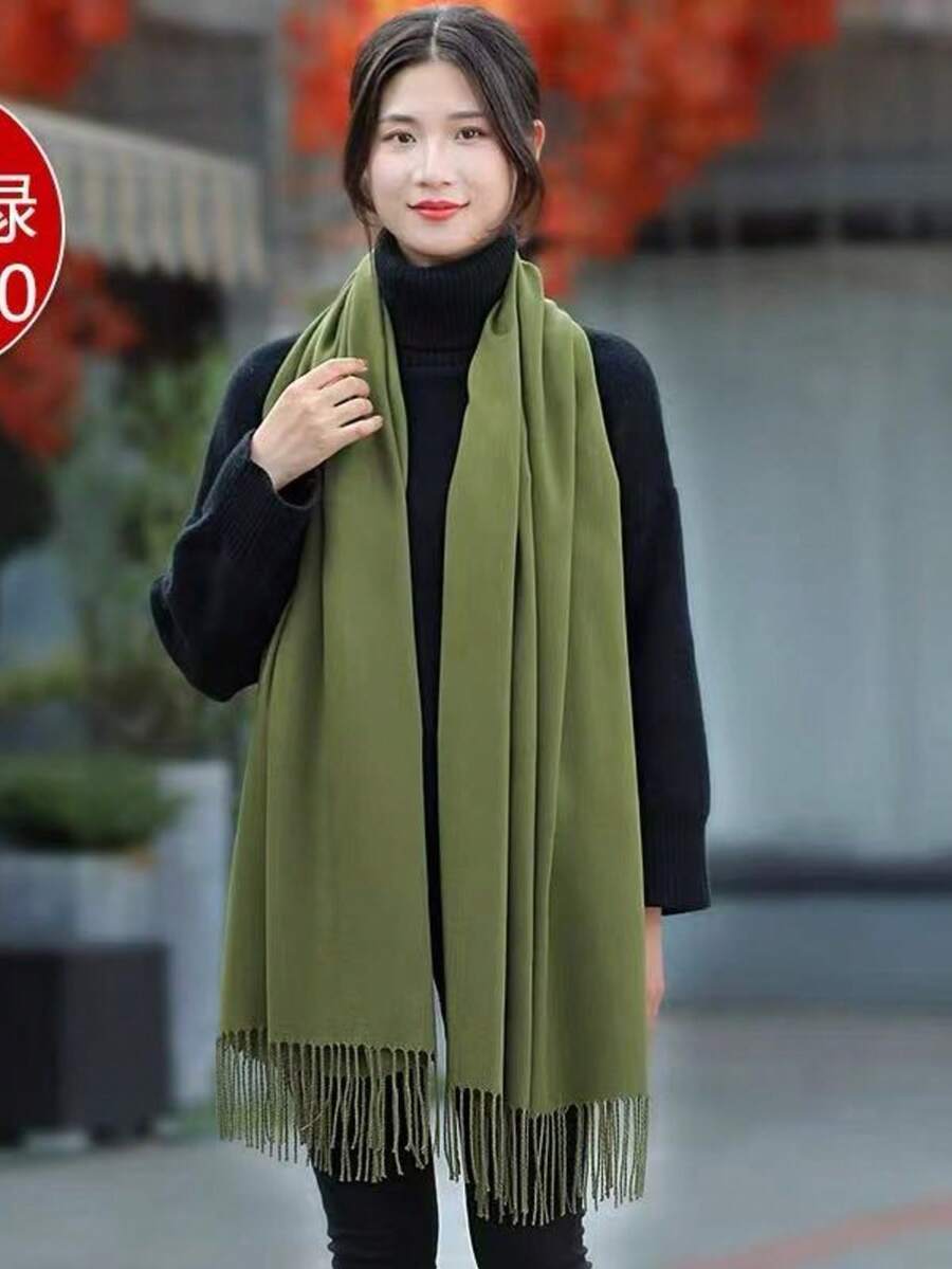 Casual Elegant Winter Scarf 150g With Fringes - Verde Musgo - 查看 1