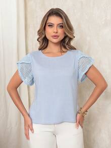 Onlyone - Women's Blouse In Viscose With A Linen Touch, Lace Sleeves, Comfortable, Lightweight, Casual, Elegant, For Work And Everyday Wear. - Màu xanh nhạt - Xem 2