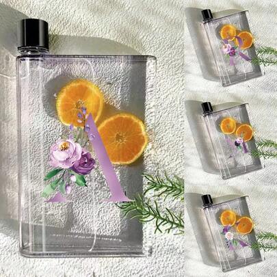 便携式水瓶户外方形水杯可重复使用塑料瓶防漏透明健身运动饮料瓶超薄轻便扁平杯学校办公室家庭户外必备返校必备首字母26字母图案