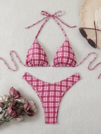 Conjunto de bikini a cuadros elegante y casual para mujer, con diseño de lazo en la espalda, tela de estiramiento medio y espalda abierta