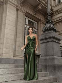 Strapless Dress With Slit For Graduation, Wedding Party, Bridesmaid - Verde Oliva - Ver 2