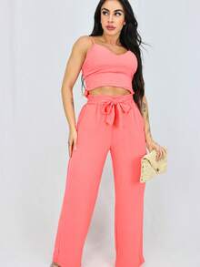 Women's Sand Dune Set: Wide-Leg Pants And Cropped Top With Built-In Bra, Adjustable Straps, Tailored Style. - Coral Orange - View 2