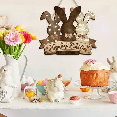 1 pieza Letrero de puerta de Pascua feliz de madera, decoración de conejo - Colgante de pared de Pascua feliz, adecuado para decoración de fiesta de Pascua en el hogar, dormitorio/sala de estar/interior y exterior