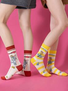 Noctvar OBM Sleepwear X TOM & JERRY 2双猫鼠图案女士中筒袜，可爱卡通爱心设计，趣味老鼠时尚夏季男士袜子，透气休闲船袜，卡通图案，适合学生/成人作为礼物和日常穿着，情侣款 - 彩色 - 查看 11
