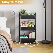 3 Tier Rolling Utility Cart Organizer With Removable Drawer, Stable And Sturdy Black Rolling Storage Carts With 2 Lockable Wheels For Bathroom, Kitchen, Snack, Craft, Makeup, Baby Essentials,Christmas Gifts - Black - View 5