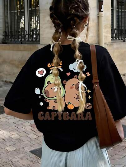 Camiseta con estampado de capibara para niñas adolescentes - Camiseta deportiva casual y holgada de manga corta, camiseta de cuello redondo - Regalo perfecto para el verano, adecuado para la escuela, los viajes, las fiestas y el streetwear. Ropa para niñas