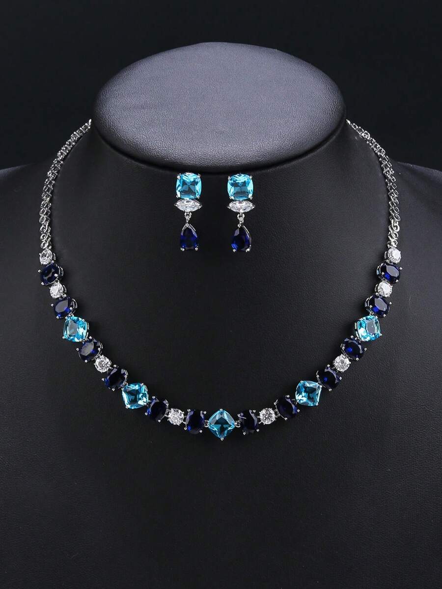Bộ trang sức cao cấp 3 món đính đá Cubic Zirconia: Dây chuyền và bông tai, phụ kiện thời trang cá tính cho váy dạ hội, quà tặng ngày Valentine/lễ hội. - bộ trang sức - Xem 1