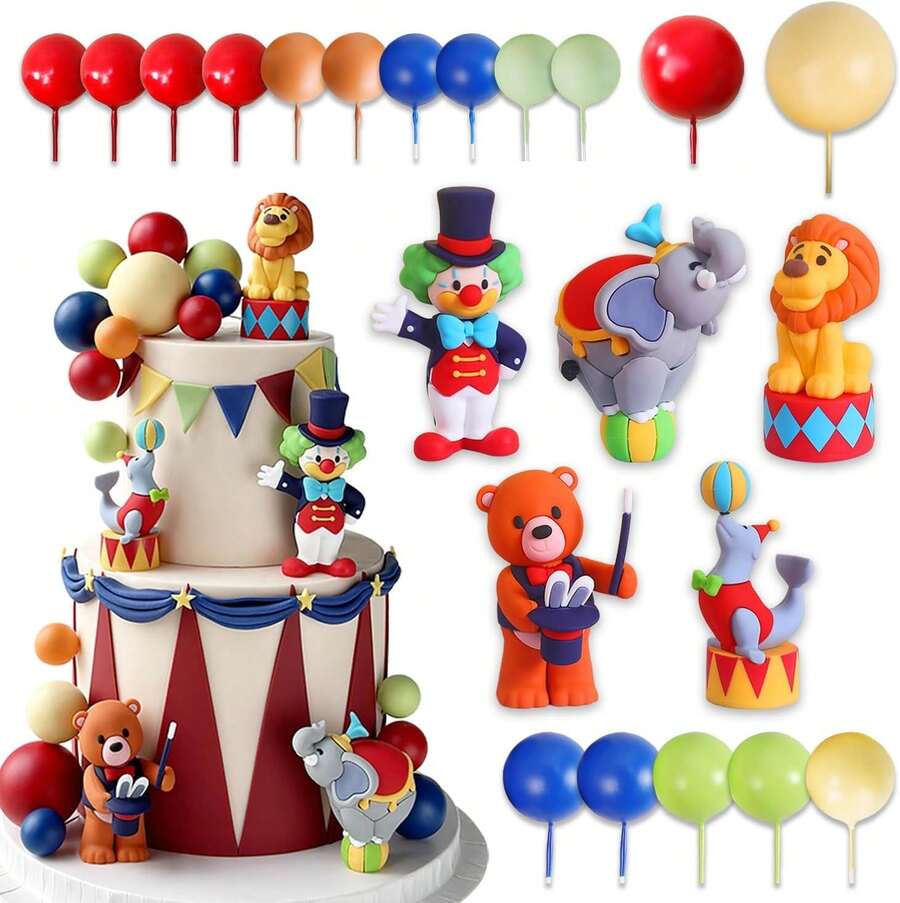 Circus Clown Birthday Cake Decoration Set – 20 Pieces Including PVC Clown Figurine With Bunny, "HAPPY" Mini Cake Banner, Circus Elements, And Colorful Clay Balloons For Party Decorations - Ymx-122 - View 1