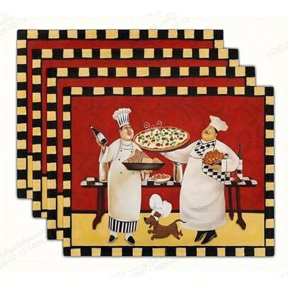 4pcs Washable Plus Size Chef Pizza Placemats, Suitable For Holiday Parties, Home Decor, Kitchen Tabletop, Rectangular Dining Room, Make Your Kitchen And Dining Room More Beautiful, Great Birthday Or Housewarming Gift For Family And Friends