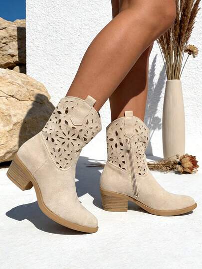 CIAODEA Botas estilo camperas de mujer,botas de cowboy para verano y primavera con tacón ancho diseño western y calado perfectas para vacaciones uso diario trabajo y citas elegantes y cómodas calidad superior